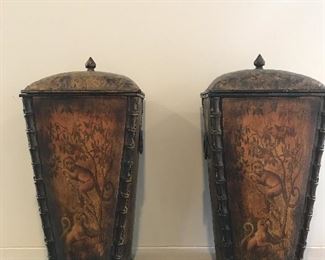 Pair of hand painted, monkey tins