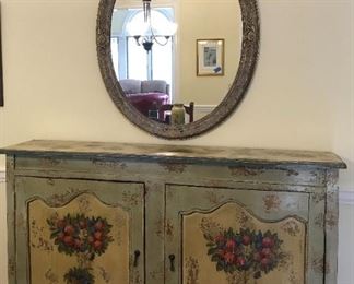 Oval gilded wall mirror, Italian style hand painted sideboard/cabinet