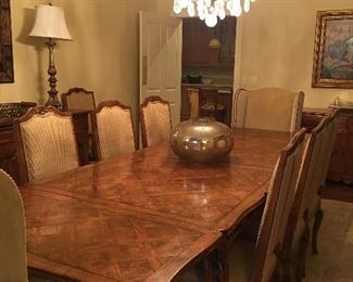 Dining Table, With 8 Custom Covered Chairs and 2  "Head Of the Table Wing Chairs with Custom Hammer Head Nail Detailing in Off White, Carved Queen Ann Legs, (the Leaves are in but table can be made smaller)