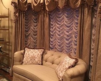 Tufted Neutral Sofa and Custom Pillows, Ornate Curtains Custom Made, Beautiful!