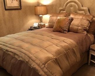 Gorgeious Queen Bed this Silk Headboard and Custom bedding in Gold! Mirrors and Accessories are also doe sale!
