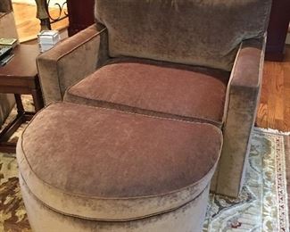 A Pair of Custom Oversized Chairs and Semi Circle Ottomans in a Velvet, Mohair Custom Fabric