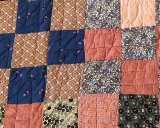 Feed sack, simply squares, hand quilted and machine stitched. No rips, stains, tears. Excellent vintage condition. 82” x 67”.