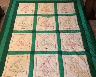 Sunbonnet Sue all hand quilted and embroidered. No rips, stains, tears. Excellent vintage condition. 95” x 78”