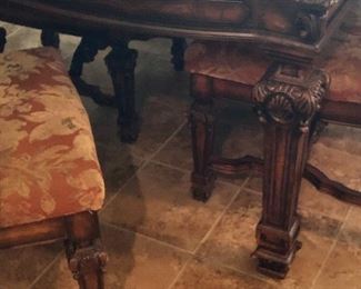 William and Mary English manor style dining room table with eight chairs and one leaf. Seats six without leaf, eight with leaf.