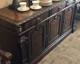 William and Mary English manner style buffet/server. Three lined top drawers-one with sectioned  silver compartment. Two bottom cabinets with two shelves.