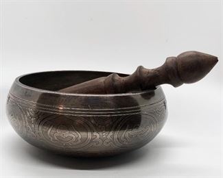 Heavy brass 6 1/2” Tibetan style singing bowl with wooden ringing stick. Beautiful sounds! 