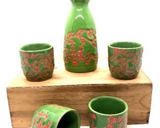 Five piece sake set with box. 