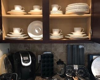 
Keurig 2.0, Keurig pod holder, all clad cookware, utensils, Mikasa English Countryside china.