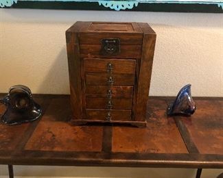 Wrought iron entry table, oak box with five drawers and an open lid compartment. 
