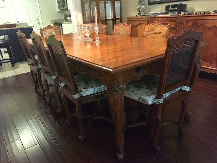 Country French table with extensions 13’ L and 10 chairs & 4 arms