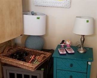 Dog crate table; lots of table lamps