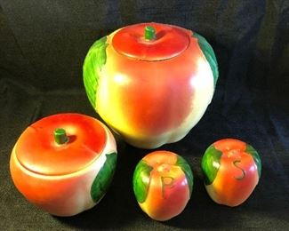 Hull Blushing Apple Cookie Jar Salt Pepper Shaker Grease Pot Yellow Mid Century