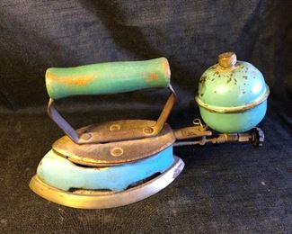 Antique Vintage Coleman SadIron Blue Enamel Gas Heating Clothes Iron Wood Handle