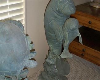 Metal Manatee with Baby statue