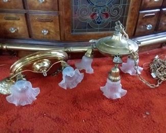 Two Vintage Hanging Brass Glass Lamps