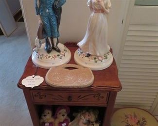 Antique side table, beaded purse, Figurines, Footstool