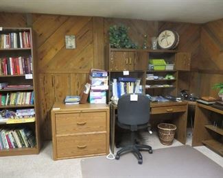 Desk, Chair, cabinet, Books, Misc.