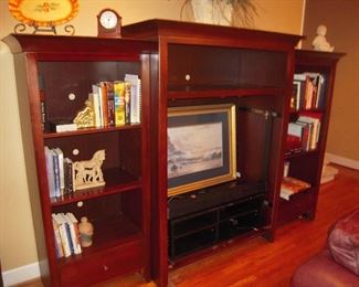2 cherry bookcases, entertainment center