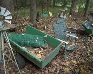 Windmill John Deere trailer assorted yard items