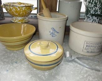 Yellow ware bowl & one with cover! Cottage cheese crock.
