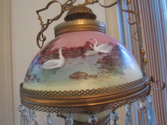 vintage converted oil/electric hanging lamp w/prisims