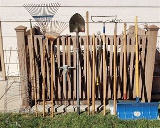 Lot of Long Handle Lawn / Garden Tools with Tomato Cages