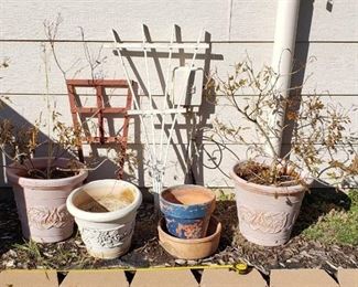 Lot of Outside Pots and Trellis - mostly lightweight pots (2 are terra cotta)
