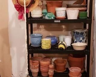 Lot of Planting Pots (tera cotta, plastic, & ceramic), Hangers, Watering Cans, and an Odjob Mixing System - shelf not included