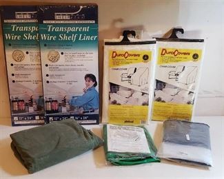 Lot of Patio furniture covers, Tarp (70  x 84 ), Wire Shelf Liners, and other Protectors