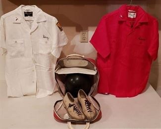Vintage Bowling Lot - Bowling Ball, Shoes, Bags, and (2) 1960's Bowling Shirts