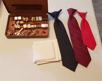 Lot of Men's Tie Accessories, Metal Box, Clip-on Ties, and Handkerchiefs