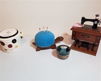 Vintage Fred Roberts Company Button Bucket, Turtle Pin Cushion, Snippets Bowl and Vintage Berkeley Design  Button and Bows  Sewing Machine Music Box