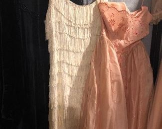 Vintage dresses, antique beaded flapper dress, newer vintage white fringe flapper dress, mid century short dress