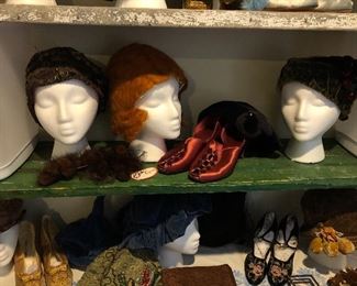 Antique shoes, hats and bags