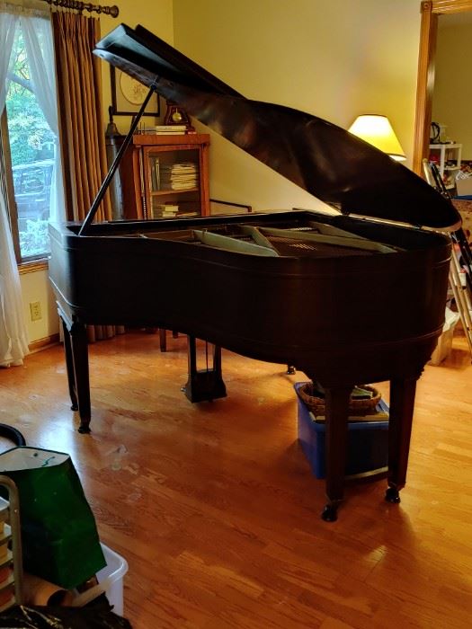 CHICKERING & SONS PARLOR GRAND PIANO IN MAHOGANY CABINET WITH WALNUT FINISH.  SERIAL NN. 140485 52.  ABOUT 66" LONG COMPLETE WITH MAHOGANY BENCH WITH LIFT HINGE LID AND HAND NEEDLEPOINT COVER.  CIRCA 1925