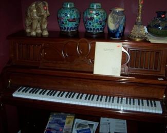SPINET PIANO, PAIR OF CLOISONNE VASES & MORE