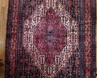 Vintage hand woven Persian Seneh Bijar rug, 100% wool face, measures 4' x 5'.