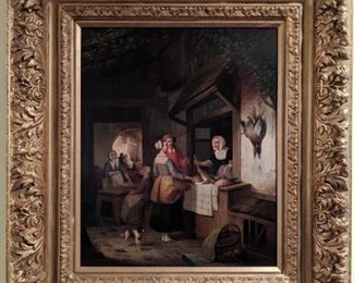 Beautifully framed antique oil on canvas, by H. Carhentero (England) "Woman Selling Wild Fowl and Hare", 1861; auctioned at Sotheby's.