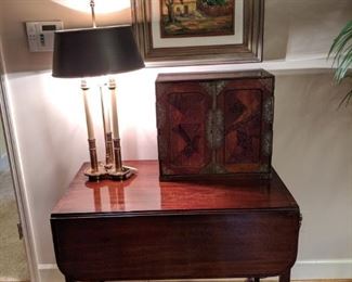 1940's mahogany drop-leaf, single drawer side table, with pencil inlay, lovely inlaid wood Asian box and Bouillotte 3-light table lamp.