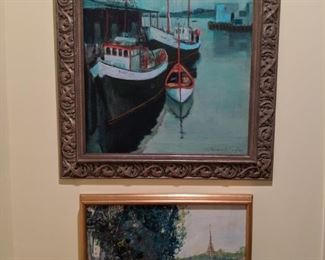 Top: nicely framed original oil on canvas, signed Bunny Taylor.                                                                                               Bottom: nicely framed original gouache Seine River/Eiffel Tower Parisian scene, by Russian artist, Dmitriy Proshkin.