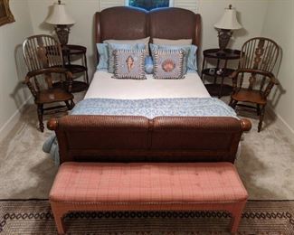 Queen size bed with almost new mattresses, pair of antique hickory Windsor chairs (very comfortable!) pair of 3-tier side table, pair of urn-shaped table lamps, nicely upholstered bench atop an 8' x 10' Bokhara hand woven wool rug.