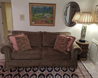 Nicely upholstered couch, by Henredon, original oil on canvas, by Dmitriy Proshkin, vintage wallpaper printing roller table lamp, 8' x 10' hand woven Bokhara wool rug.  