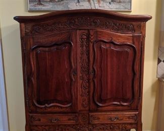 Wonderful antique French chest, original artist signed, framed oil on canvas and Asian porcelain fishbowl on wooden stand. 