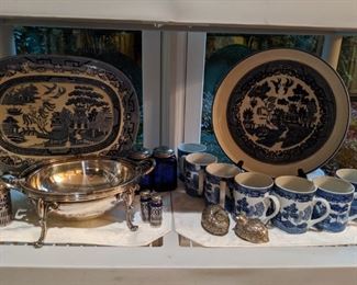 Nice collection of blue/white "Blue Willow" china and vintage English silverplated domed server.