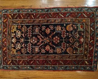 Vintage hand woven Persian Hamadan rug, 100% wool face, measures 3' x 5'.