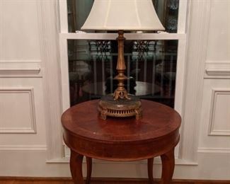 Nice size, go anywhere vintage, inlaid wood Frenchie side table with very unique green marble base table lamp.