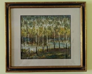 Framed Original Watercolor, Birch Forest, by Russian Artist, V. Lesin.