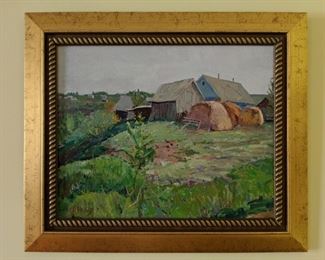 Framed Original Oil on Canvas, Farmhouse, w/Hay, by Russian Artist, Dmitriy Proshkin.