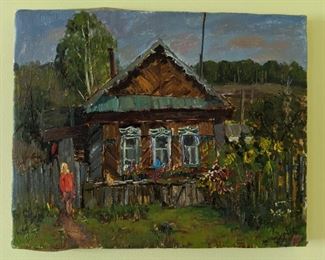 Unframed Original Oil on Canvas, Russian House, w/Girl, Cat, by Russian Artist, Ralif Ahmetsin.